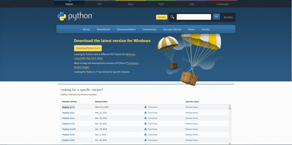 Image of the Python Website Download Page